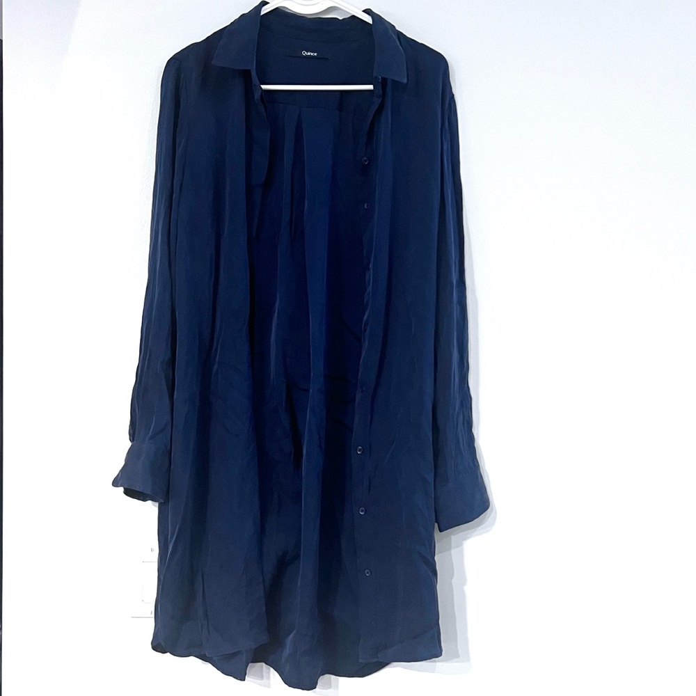 Quince Large 90% Silk Navy Long Button Front Shirt Dress
